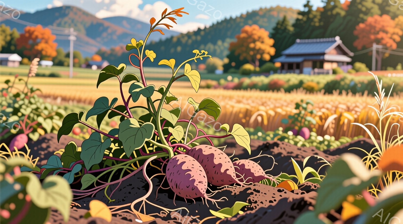 畑には土から引き抜かれたばかりのサツマイモがいくつか並び、緑色の蔓と葉が豊かに広がっています。背景には黄金色に輝く稲穂の田園風景が広がり、遠くには屋根付きの家が見え、穏やかな秋の日の雰囲気が漂っています。土の質感や植物の葉の細部まで鮮明に描かれており、実りの秋の温かさと豊かさを感じさせます。