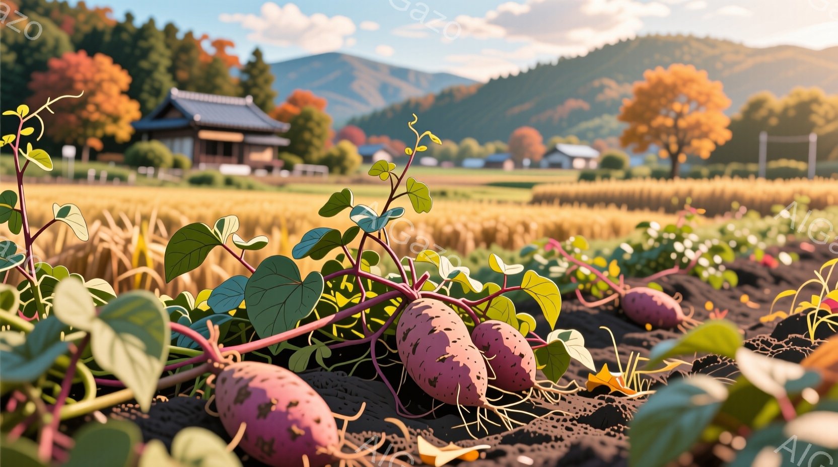 広大な畑に紫色のサツマイモが土から顔を出し、緑の葉と蔓が広がり、収穫の準備万端です。背景には、黄金色に輝く稲田と、赤や黄色に色づき始めた木々が広がる山々が見え、秋の穏やかな日差しが降り注いでいます。全体的に、豊穣な自然と収穫の喜びを感じさせる、温かく平和な雰囲気です。