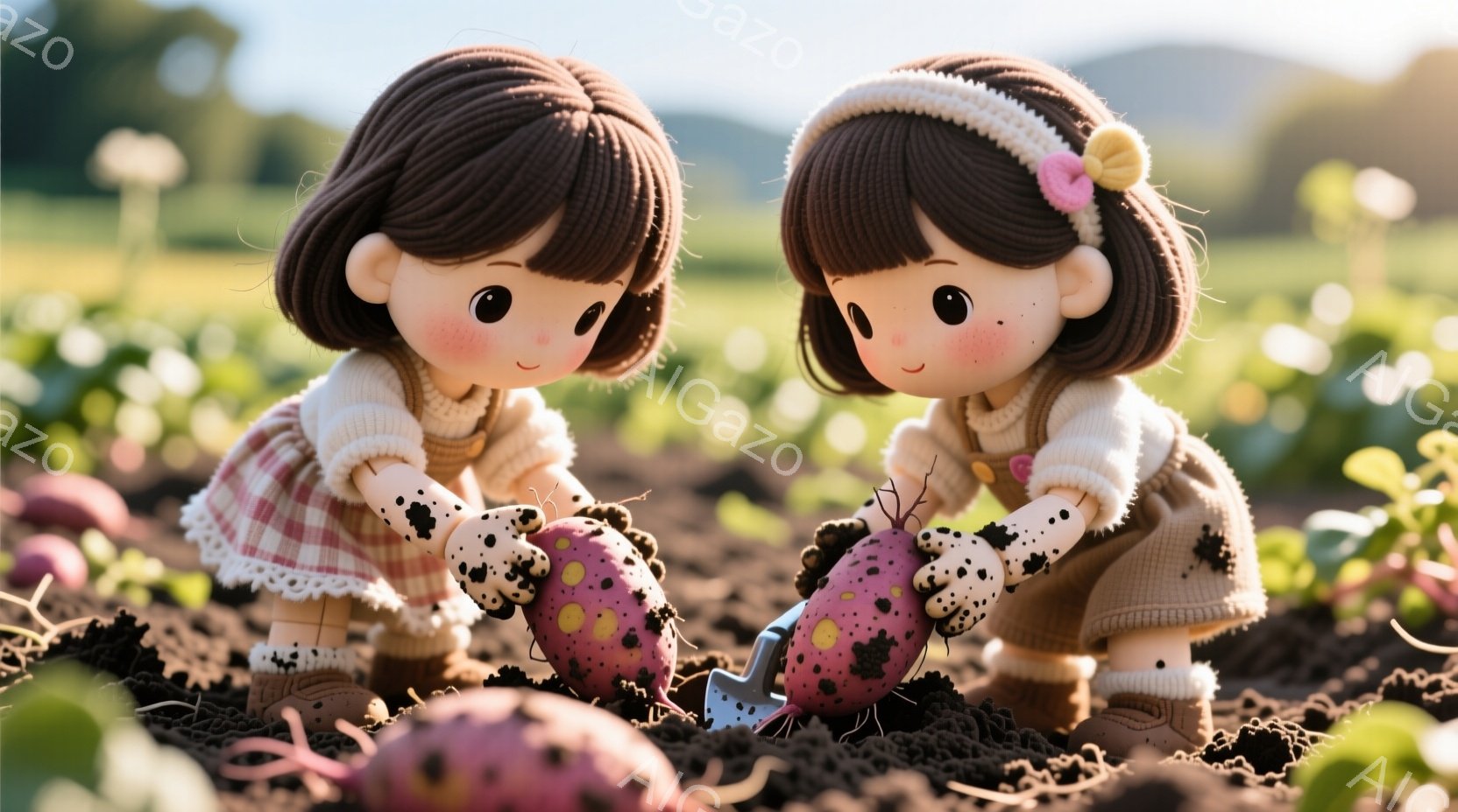 二人の少女が畑でさつまいもを収穫しています。明るい茶色の髪に赤いリボンをつけ、チェック柄のワンピースと可愛らしい靴を履いています。背景には緑豊かな畑が広がり、暖かな日差しが降り注いでおり、全体的に温かく、のどかな雰囲気が漂っています。