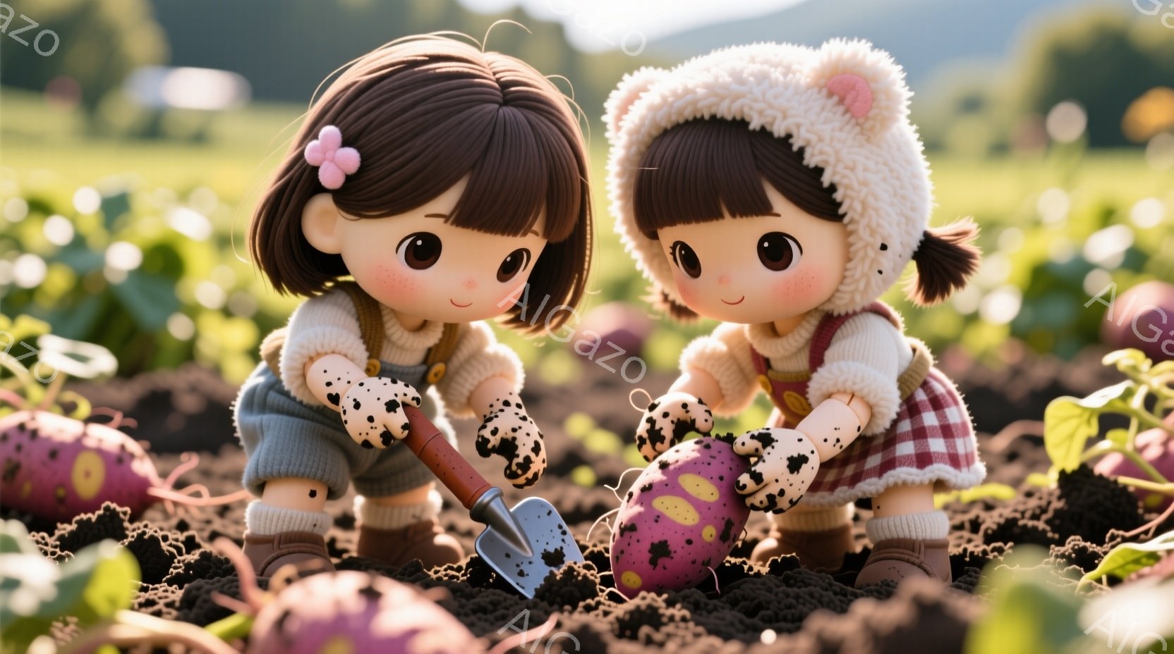 二人の女の子が土の中でサツマイモを収穫しています。それぞれピンクと白の帽子をかぶり、オーバーオール姿で、土で汚れた手で丁寧にサツマイモを掘り出しています。背景には緑豊かな畑が広がり、穏やかな日差しが降り注ぎ、可愛らしい雰囲気です。