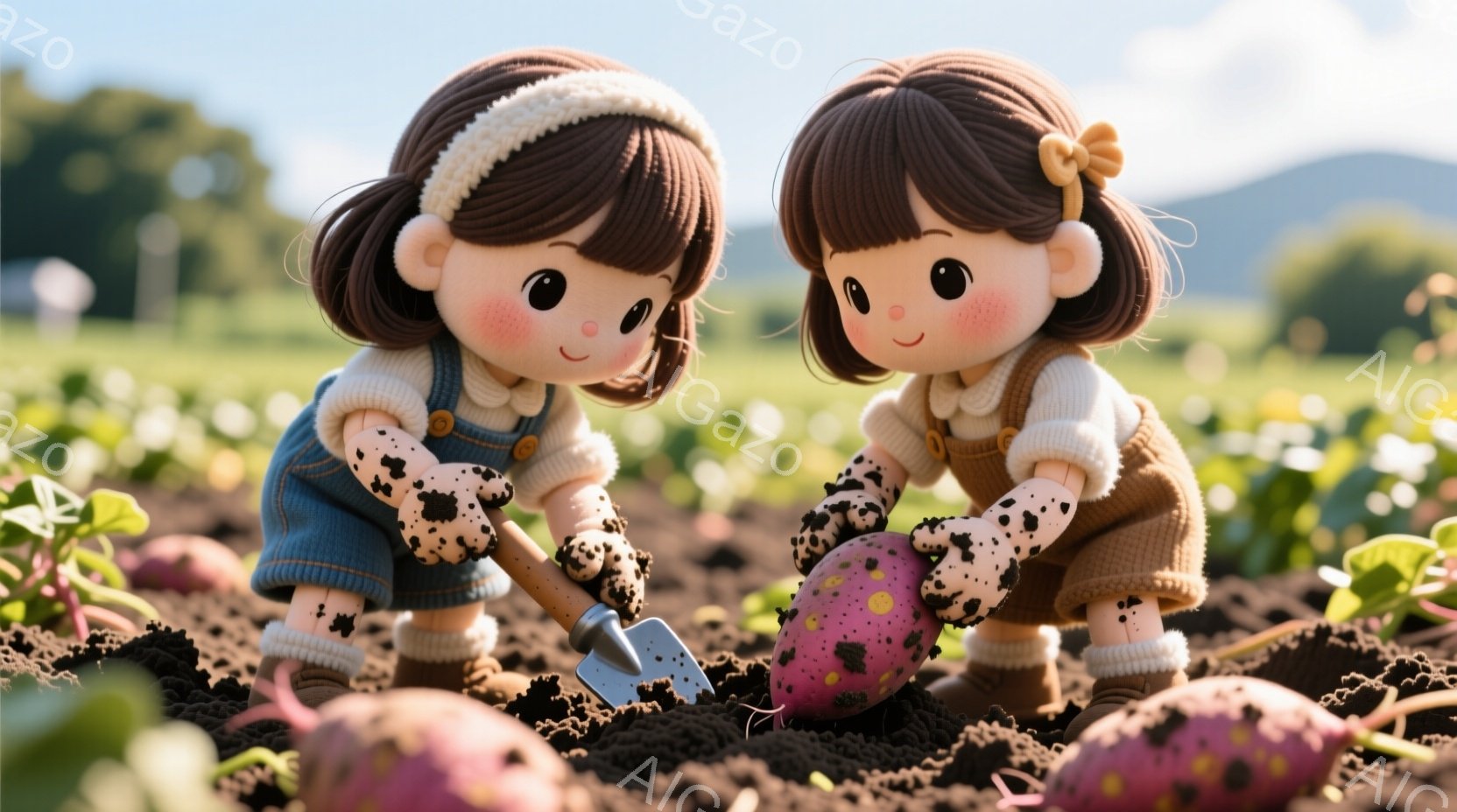 二人の少女が畑でサツマイモを掘っています。彼女たちは、クリーム色のヘッドバンド、茶色の巻き毛、オーバーオールの様な服を着ており、土で汚れた手袋をはめています。背景には緑の植物が生い茂る畑と、遠くに見える山々が広がっており、晴れた日の暖かく平和な雰囲気が漂っています。