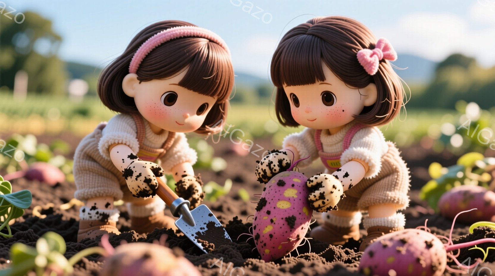 可愛らしい女の子が土の中でサツマイモを掘っています。ピンク色のヘアバンドで髪を留め、ベージュ色のセーターとオーバーオールを着ています。背景には畑が広がり、遠くには緑の丘が見え、穏やかで暖かやかな雰囲気です。