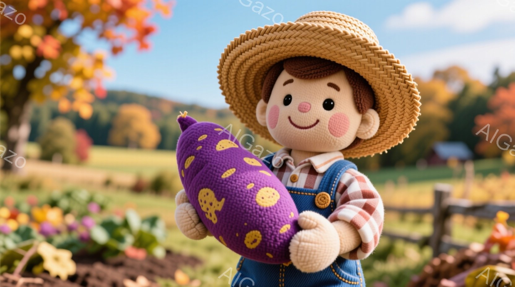 人形は麦わら帽子と、チェックのシャツとデニムのオーバーオール姿で、頬には赤いリンゴのような色をしています。紫色の水玉模様の大きなナスを両手で抱え、嬉しそうな笑顔を浮かべています。背景には緑の牧草地、木々、そして遠くに見える建物があり、秋らしい暖かく穏やかな雰囲気です。