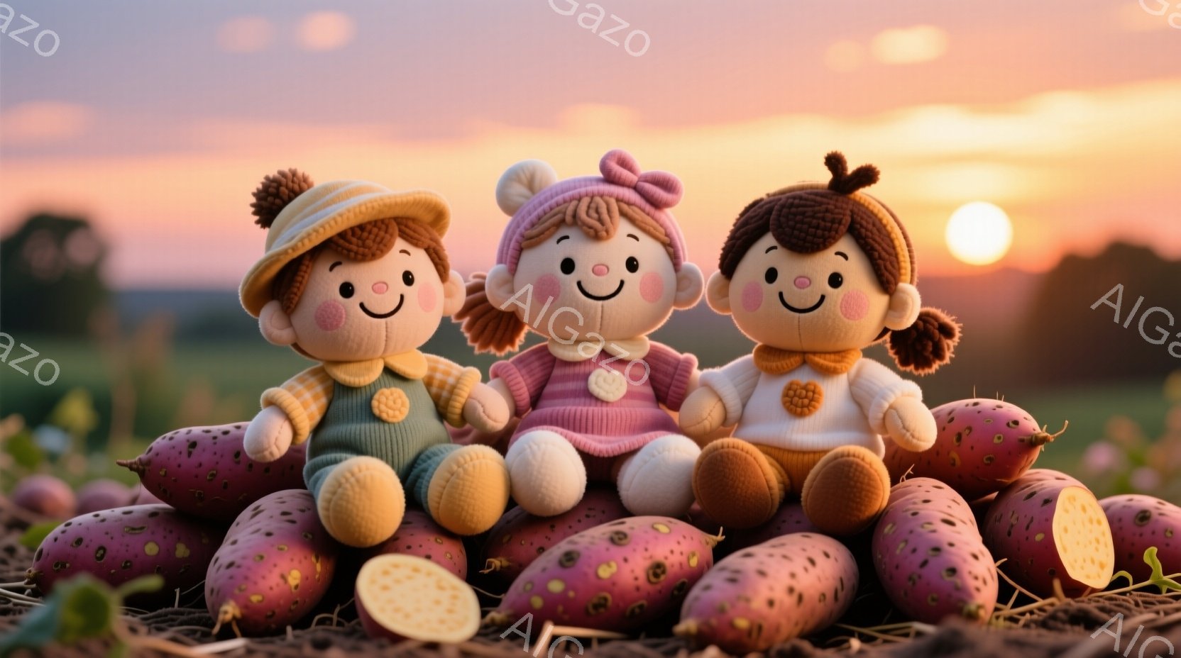 三つの可愛らしい人形が、紫色のサツマイモの上に座っています。それぞれ異なる色の服を着ており、左の人形は麦わら帽子と緑色のオーバーオール、中央の人形はピンクのドレス、右の人形は茶色の服と帽子を着用しています。背景は夕焼けで、空はオレンジとピンクの色合いで染まり、暖かく優しい雰囲気です。