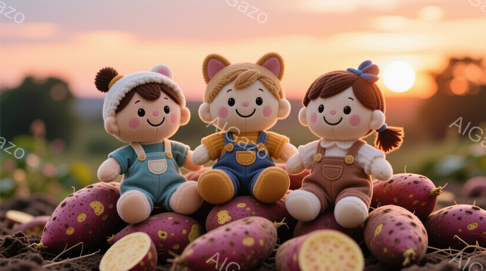 3体の可愛らしいぬいぐるみは、紫色のサツマイモの上に座って並んでいます。それぞれ異なる色の帽子と服を着ており、笑顔で正面を見ています。背景は夕焼けで、黄金色の光が畑全体を照らし、暖かく穏やかな雰囲気を作り出しています。