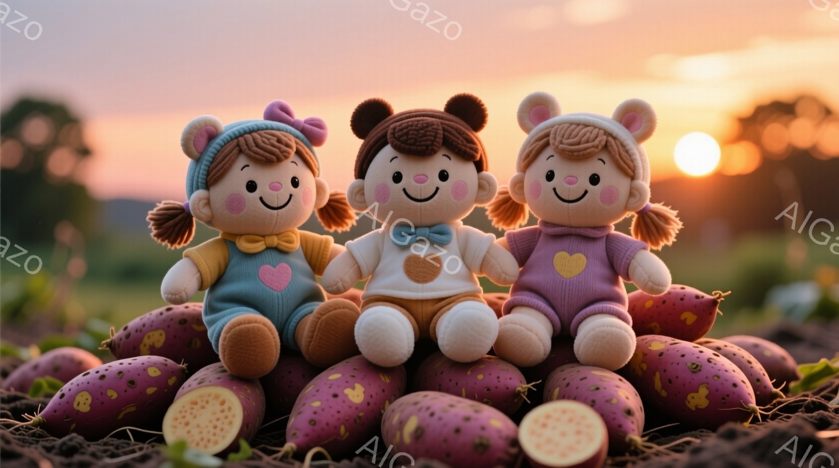 可愛らしいぬいぐるみたちが、紫色のサツマイモの上に座っています。それぞれ異なる色の服を着ており、青いぬいぐるみに赤いリボン、白いぬいぐるみには青い蝶ネクタイ、ピンクのぬいぐるみには黄色いハートのモチーフがあります。背景は夕焼け空で、暖かく穏やかな雰囲気を醸し出しています。