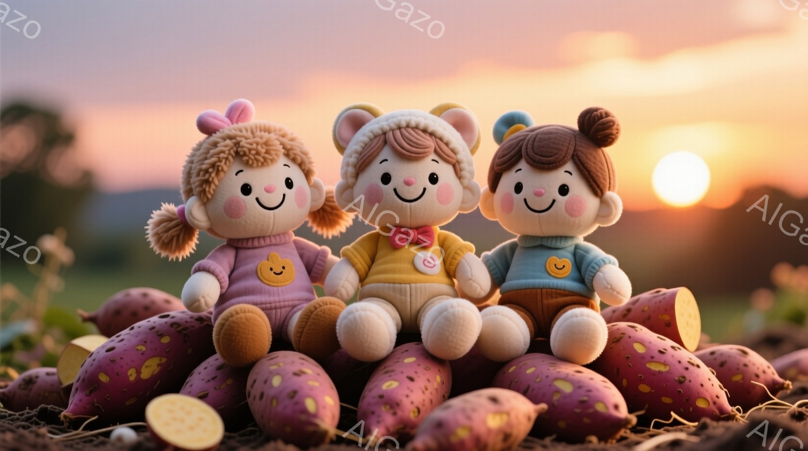 ぬいぐるみのような３人の子供たちが、紫色のサツマイモの上に座っています。それぞれ異なる色の服を着ており、女の子はピンクと紫、男の子は白いセーターと赤い蝶ネクタイ、もう一人の女の子は青いセーターを着ています。背景には夕焼け空が広がり、温かく穏やかな雰囲気です。