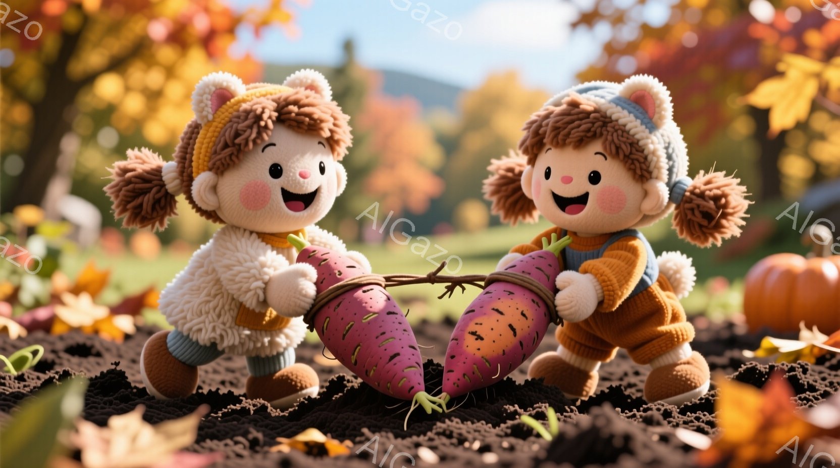 二人の可愛らしい子供たちが、巨大なニンジンを引っ張り合っています。彼らはそれぞれオレンジ色の帽子とセーターを着ており、ふわふわの白い服を着ています。背景には秋の葉が散りばめられた畑が広がり、暖かく穏やかな雰囲気が漂っています。