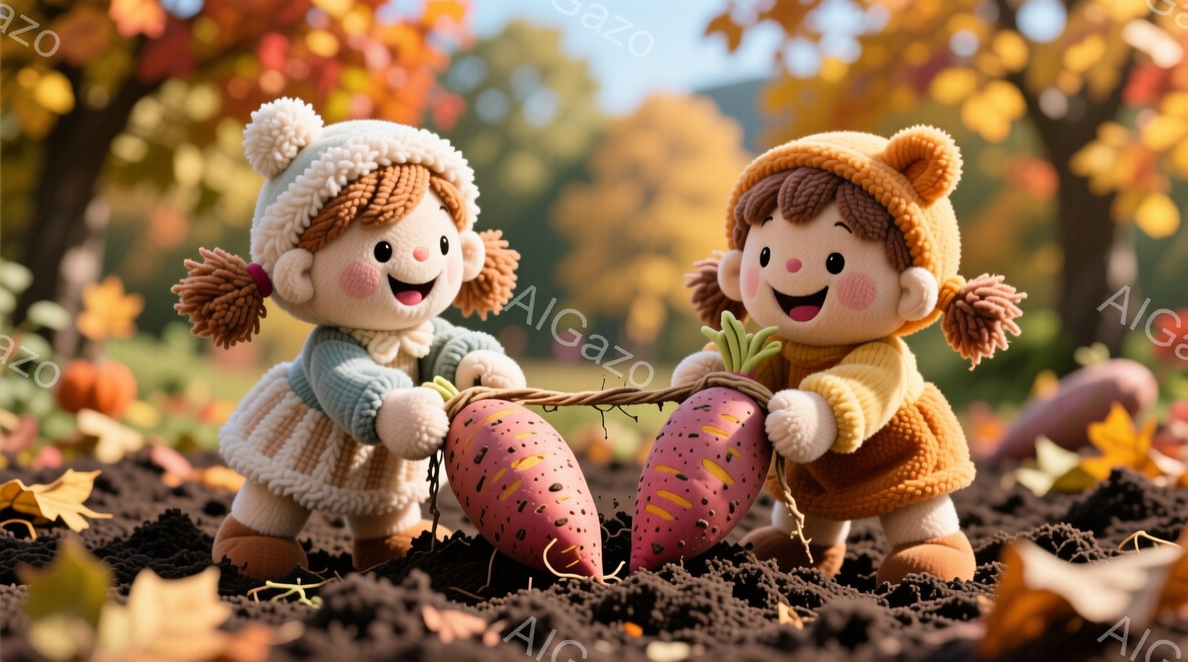 ふたりの可愛らしい女の子が、大きなサツマイモを引き抜いている様子が描かれています。彼女たちは、オレンジ色の帽子とセーターを着ており、髪は赤いリボンで結ばれています。背景には、秋らしい紅葉の木々と茶色の土が見え、温かく、ほのぼのとした雰囲気が漂っています。