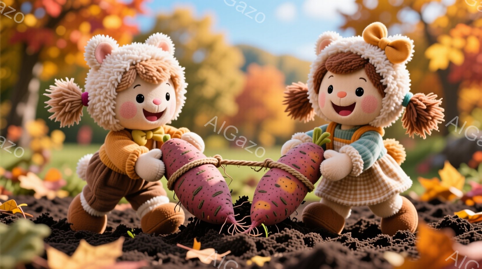 二人の女の子が、大きなサツマイモを綱引きで引き合っています。女の子たちは、クリーム色の帽子とマフラー、オレンジ色のオーバーオールを着ており、顔は笑顔で満ちています。背景には、紅葉した木々と土の地面が広がり、秋の温かく明るい雰囲気を感じさせます。