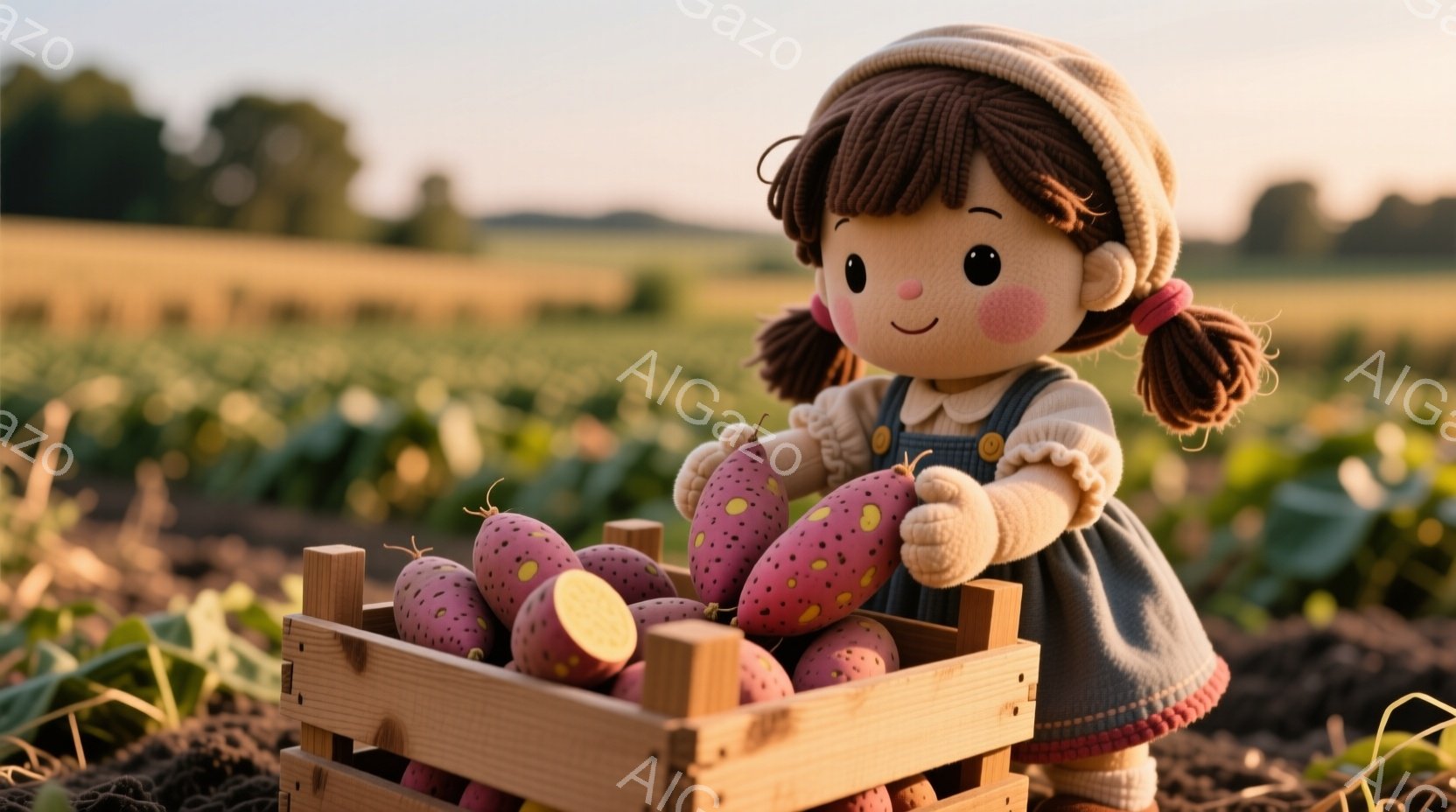 明るい日差しの畑で、少女が赤いサツマイモを木箱に並べている。少女は茶色の髪を二つに結び、クリーム色の帽子を被り、デニムのオーバーオールを着ている。背景には緑豊かな畑が広がり、夕暮れ時の穏やかな雰囲気が漂っている。