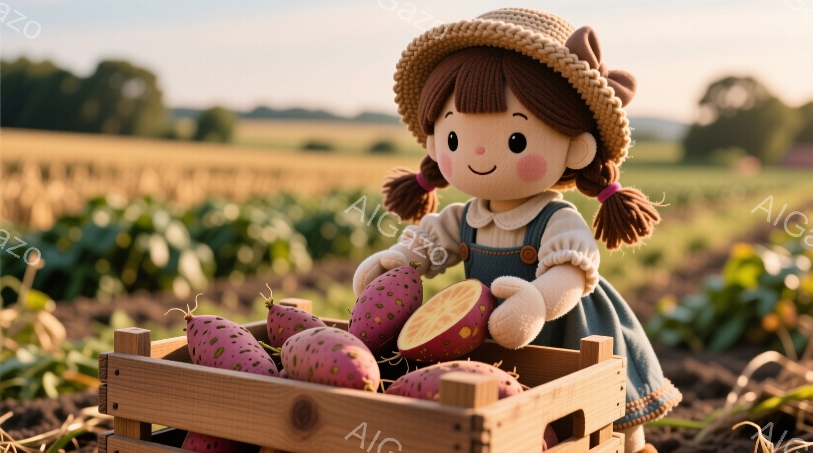 明るい日差しの畑で、麦わら帽子をかぶった女の子が紫色のサツマイモを収穫しています。女の子は白いブラウスとデニムのオーバーオールを着ており、頬は赤く、笑顔が印象的です。背景には広大な畑が広がり、穏やかで牧歌的な雰囲気を醸し出しています。