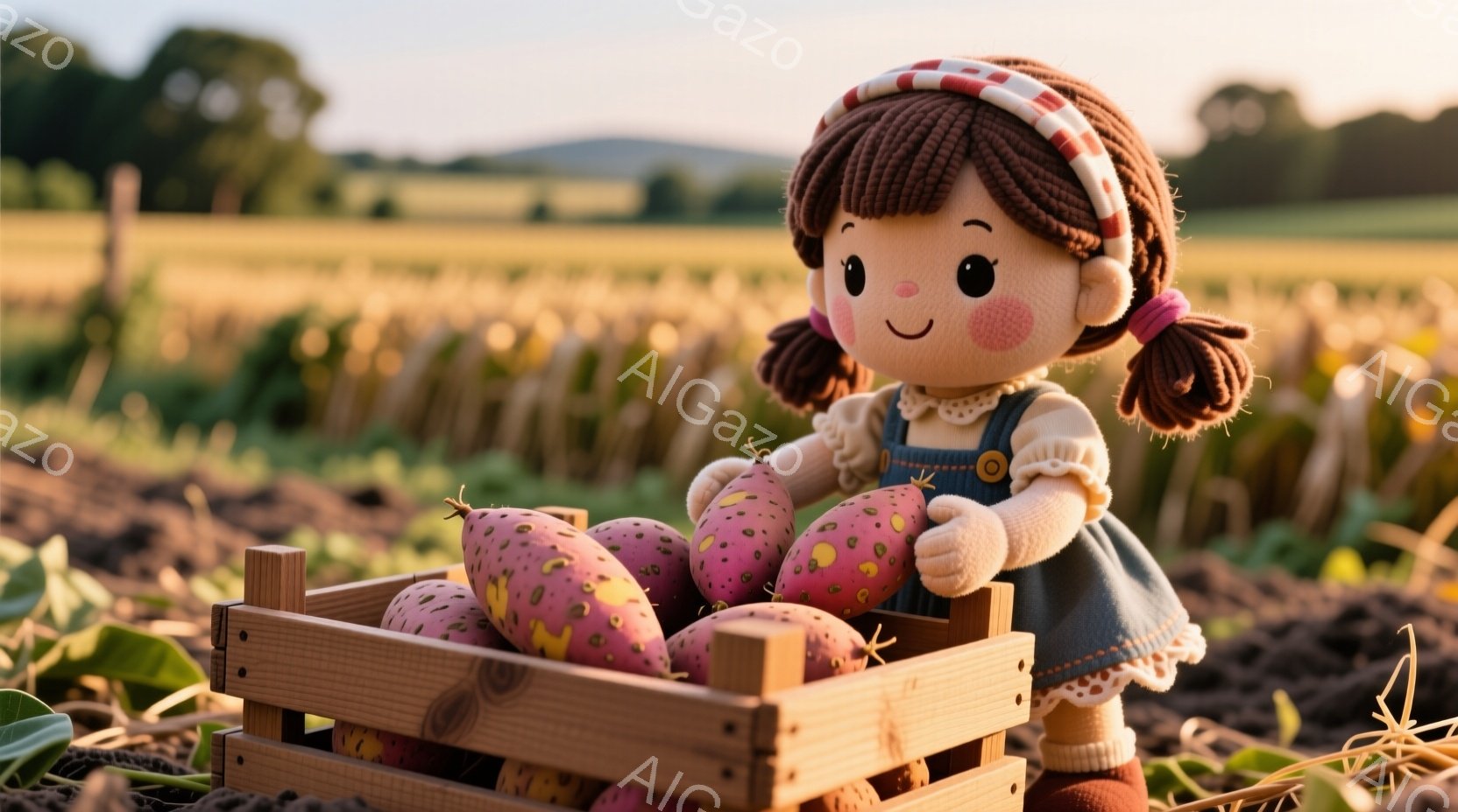 明るい日差しの中、少女が木製の箱に収まった紫色のサツマイモを抱えています。彼女は赤と白の縞模様のヘッドバンドで髪を束ね、ピンクの頬と優しい笑顔が特徴です。背景には緑の畑と、遠くに見える建物が広がり、収穫の喜びを感じさせる温かい雰囲気です。