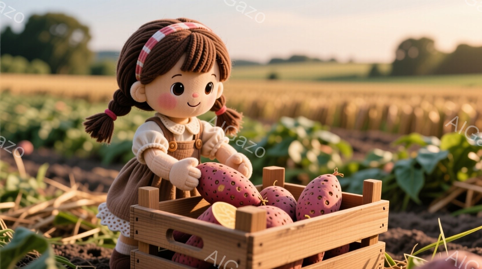 赤毛の少女が木製の箱に紫色のサツマイモを並べています。彼女は水色のドット柄のブラウスと茶色のオーバーオールを着ており、頭には赤いリボンをつけています。背景には、収穫された畑と穏やかな夕焼け空が広がっており、温かく平和な雰囲気を醸し出しています。