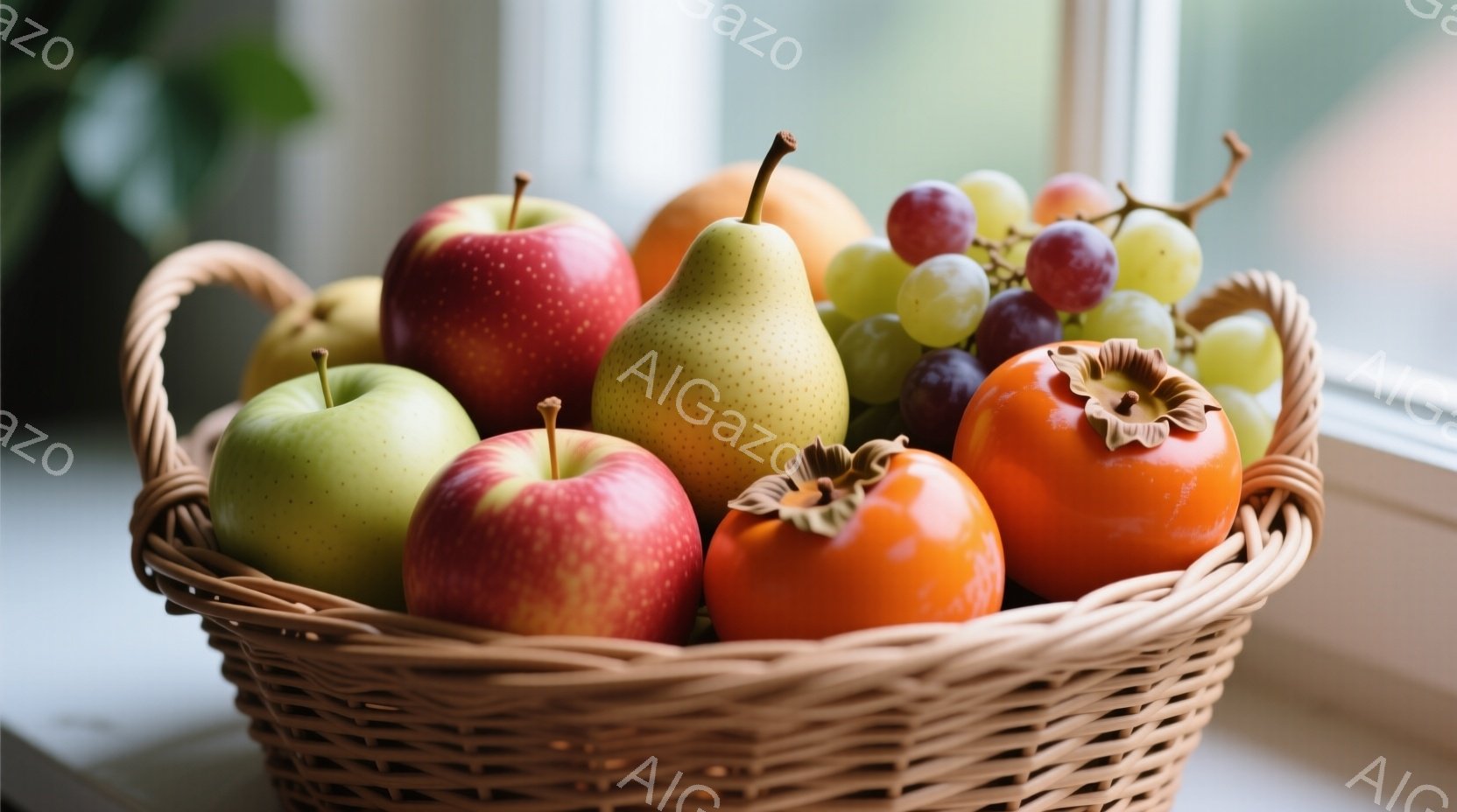 籐で編まれたバスケットに、りんご、梨、ぶどう、柿が所狭しと並んでいます。果物は鮮やかな色をしており、全体的に豊穣さを感じさせる構図です。背景にはぼやけた窓が見え、柔らかい自然光が差し込んでいます。