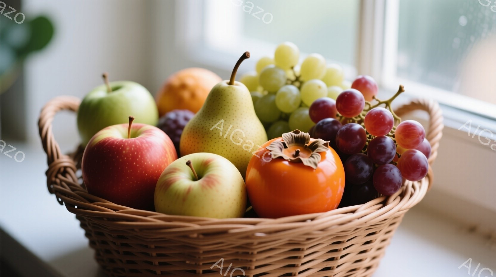 籠の中に、赤いりんご、緑色のりんご、黄色い梨、オレンジ色の柿、そして紫色のぶどうがぎっしりと詰まっています。 籠は茶色で編み込まれており、背景にはぼやけた窓が見え、明るい自然光が差し込んでいます。 全体として、豊穣さと秋の収穫を連想させる、暖かく心地よい雰囲気です。