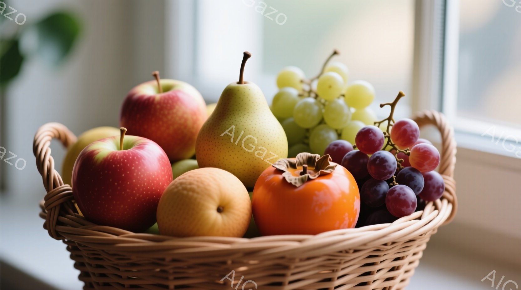 籠の中に、赤くて丸いリンゴ、黄色い梨、オレンジ色の柿、そして紫色のブドウがぎっしりと詰まっています。籠は窓辺に置かれており、背景にはぼやけた緑が見えます。全体的に、秋の収穫を思わせる暖かく、豊かな雰囲気です。