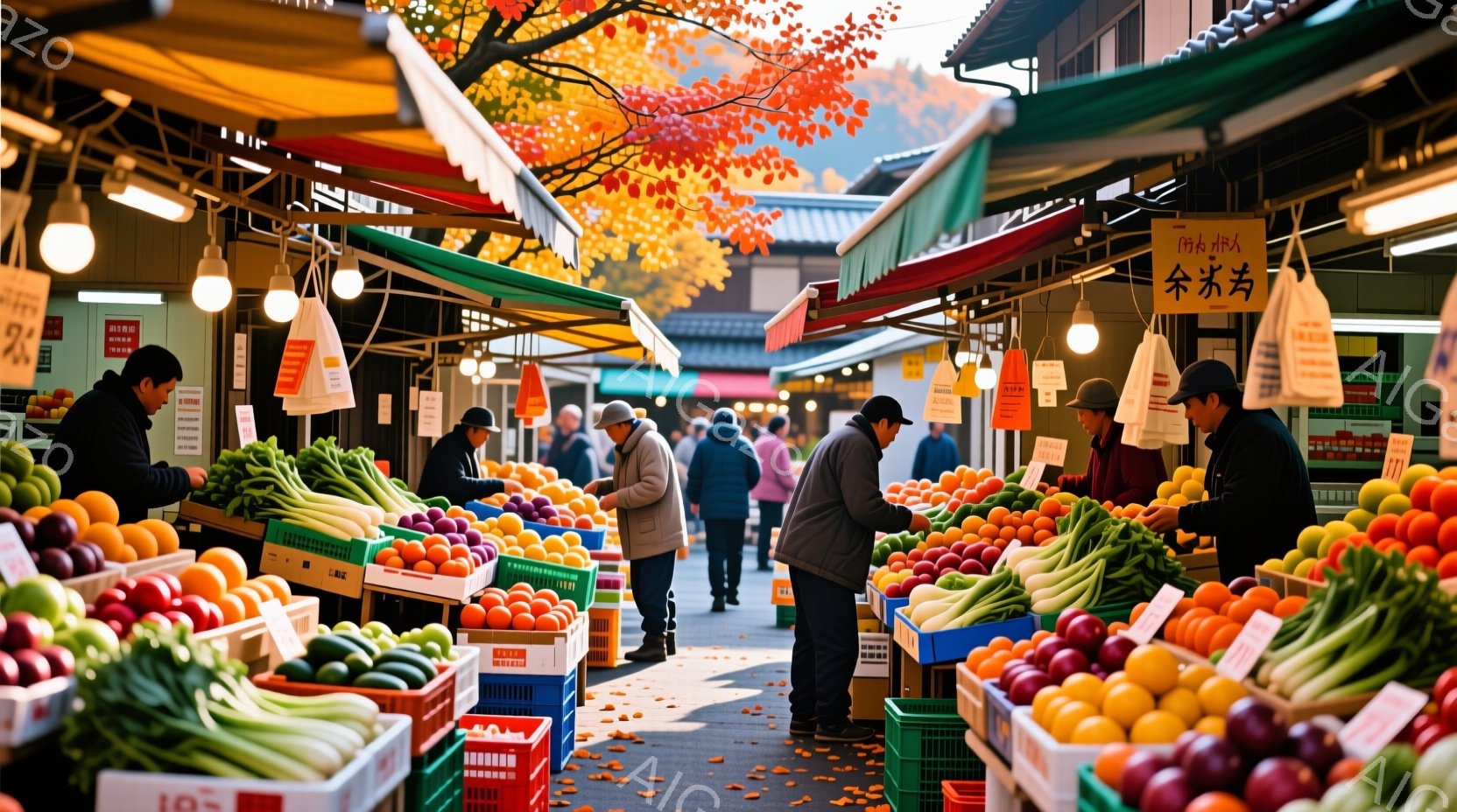 賑やかな市場の様子で、露店には色とりどりの野菜や果物が並んでいる。人々はカジュアルな服装で買い物をしており、一部は商品を吟味している様子がうかがえる。背景には伝統的な建物と紅葉の木があり、秋の晴れた日の温かい雰囲気が感じられる。