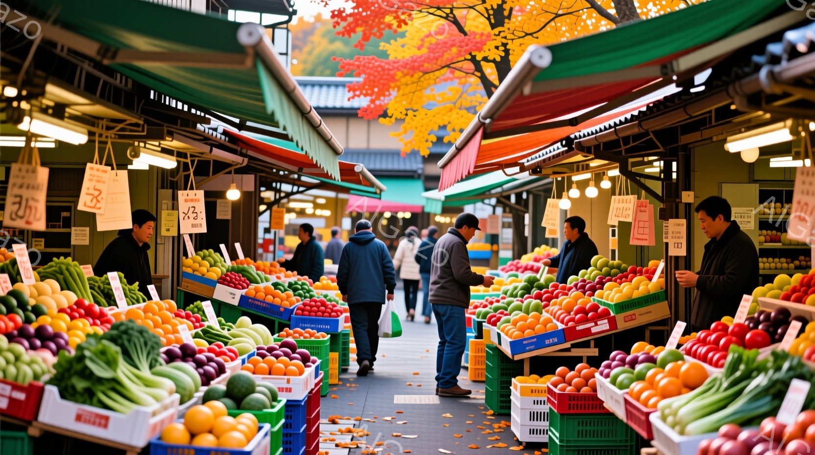 鮮やかな色の果物や野菜が並ぶ活気のある市場の様子が写っている。人々はカジュアルな服装で、買い物を楽しんでいる様子で、リラックスした表情をしている。背景には伝統的な建物と紅葉した木々が見え、秋の穏やかな天候と市場の賑わいが感じられる。