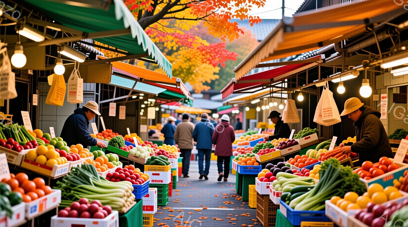 色とりどりの野菜が並ぶ市場の通路を、人々が歩いている様子が写っている。店員たちはエプロンを身につけ、野菜を整えたり、客とやり取りしたりしている。背景には赤く染まった木々と建物が見え、秋の落ち着いた雰囲気が漂っている。