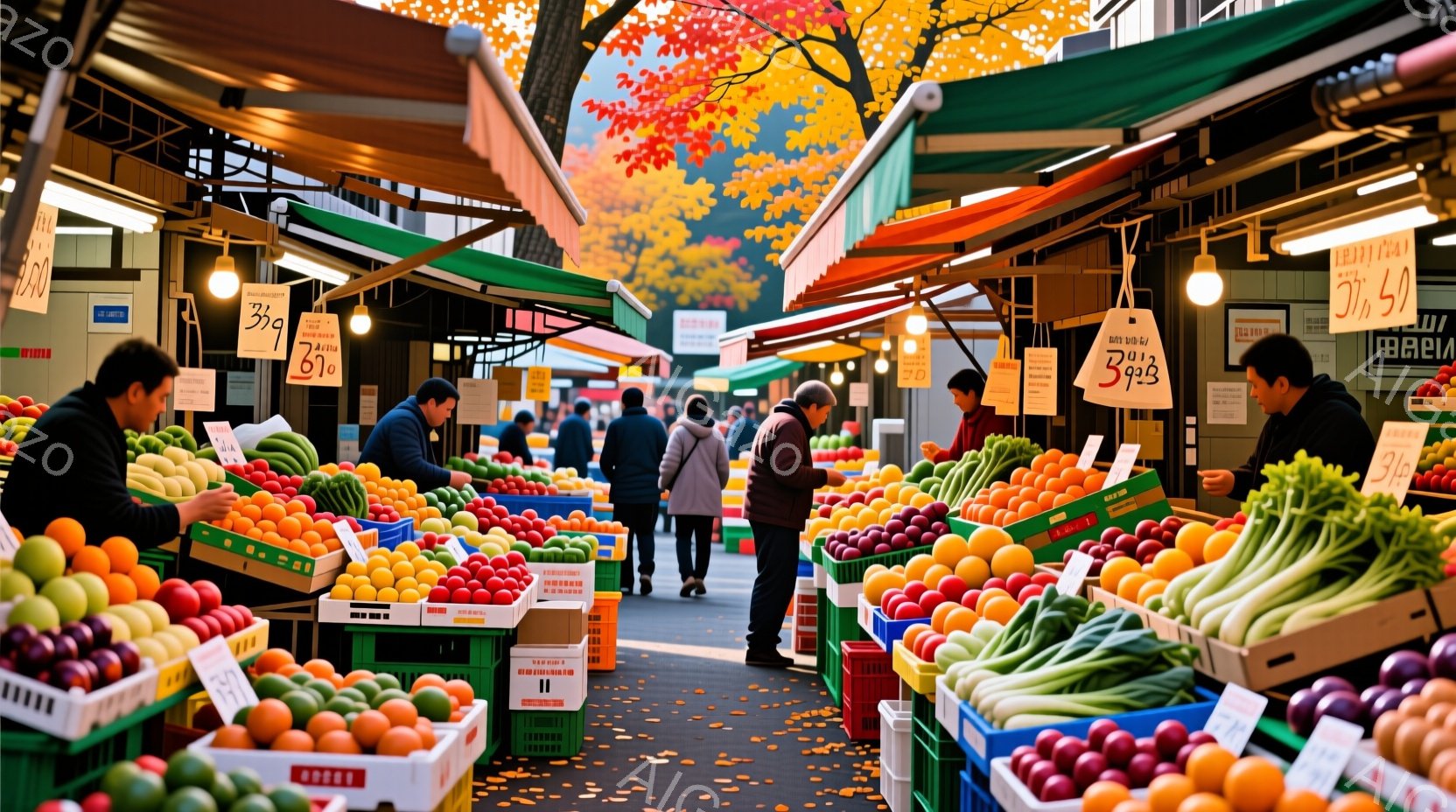 鮮やかな色の野菜や果物が並ぶ市場の様子が写っている。人々はカジュアルな服装で、買い物を楽しんでいるようだ。背景には紅葉した木々が見え、秋の穏やかな日差しが市場を照らしている。