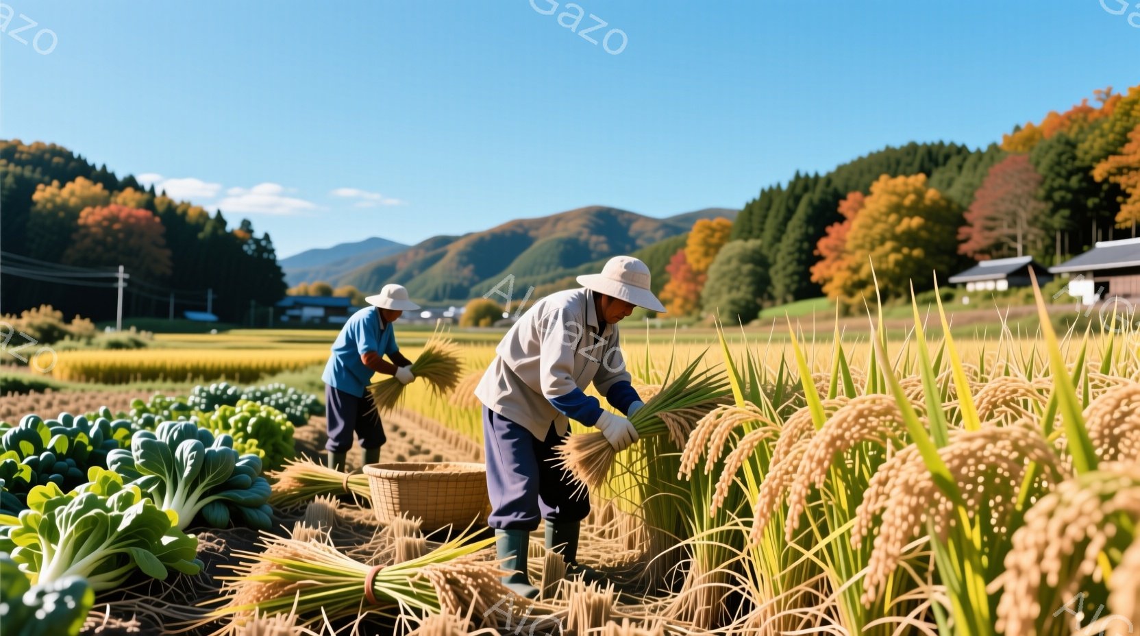 藁帽子を被り、作業着を着た二人の農家が、黄金色に輝く稲田で収穫作業を行っています。彼らは屈んだ姿勢で稲を刈り取り、束ねて収穫かごにまとめています。背景には緑豊かな山々が連なり、鮮やかな秋の色彩が広がっており、穏やかで平和な田園風景が広がっています。