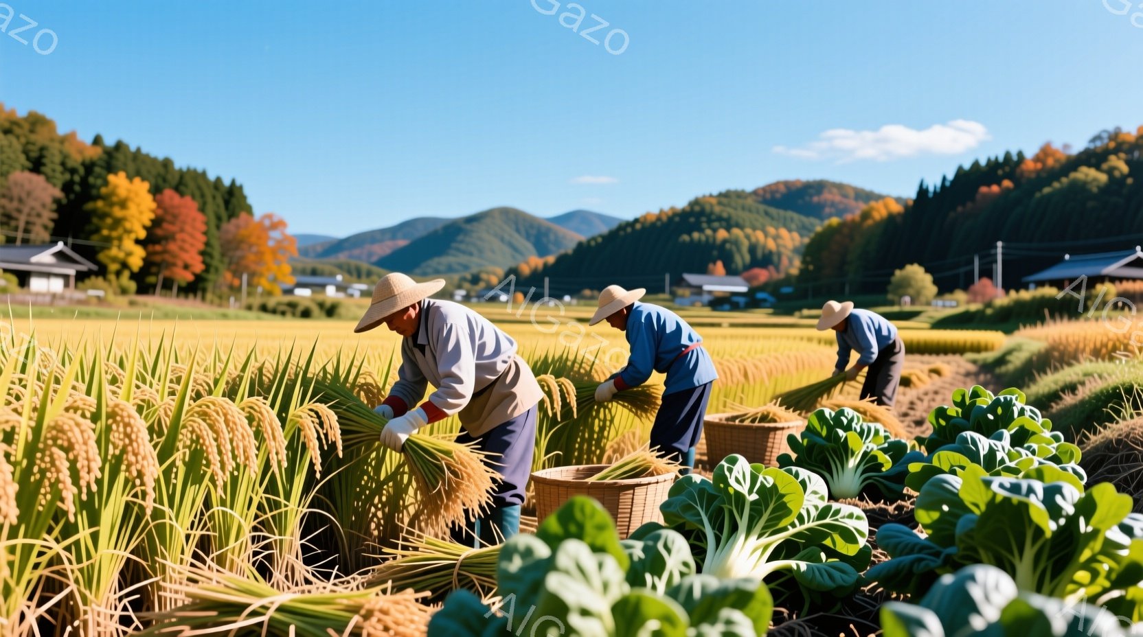 黄金色に輝く稲穂が広がる田園風景で、藁帽子を被った三人の農家が収穫作業を行っています。彼らは青い作業着を着ており、腰をかがめて稲を刈り取り、かごに収めています。背景には緑豊かな山々と、日本の伝統的な家屋が見え、秋の穏やかな晴天が作業風景を照らしています。