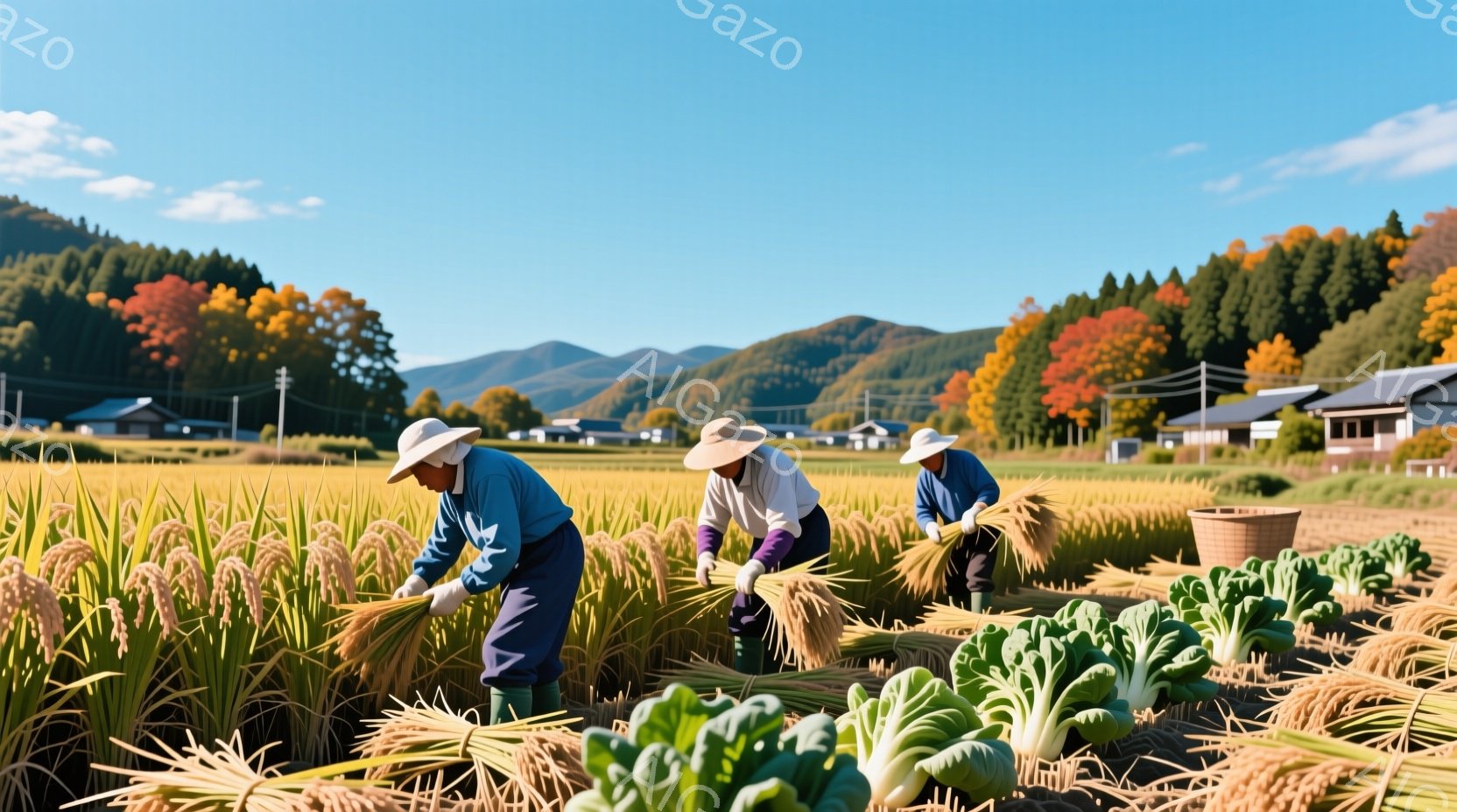 黄金色の稲穂と緑豊かな野菜畑で、麦わら帽子をかぶった三人の農家が収穫作業を行っています。紺色と薄紫色の作業着に身を包み、前かがみになりながら手作業で野菜を収穫しています。背景には日本の田園風景が広がり、遠くには山々と色とりどりの紅葉が見え、秋晴れの穏やかな空気が漂っています。