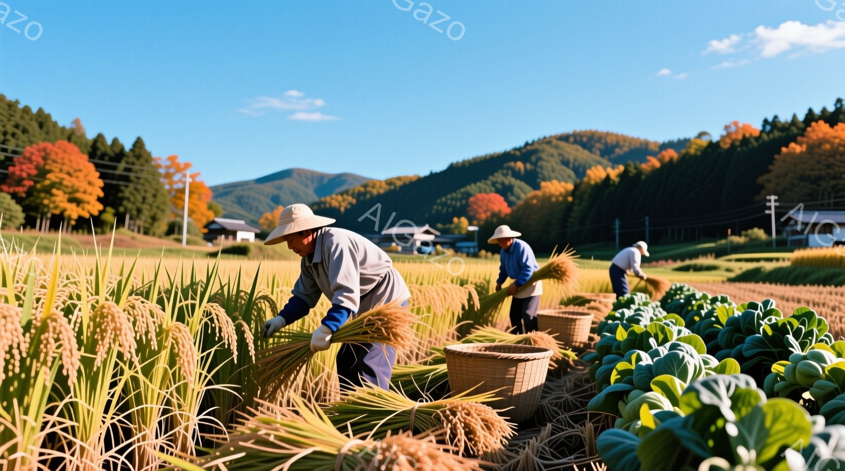 黄金色の稲穂が実る田園で、麦わら帽子をかぶった人々が収穫作業を行っている。彼らは身軽な服装で、腰をかがめて稲を刈り取り、かごにまとめていく様子が伺える。背景には緑豊かな山々と、秋色に染まり始めた木々が広がり、晴天の下、穏やかな収穫の季節を象徴する光景である。