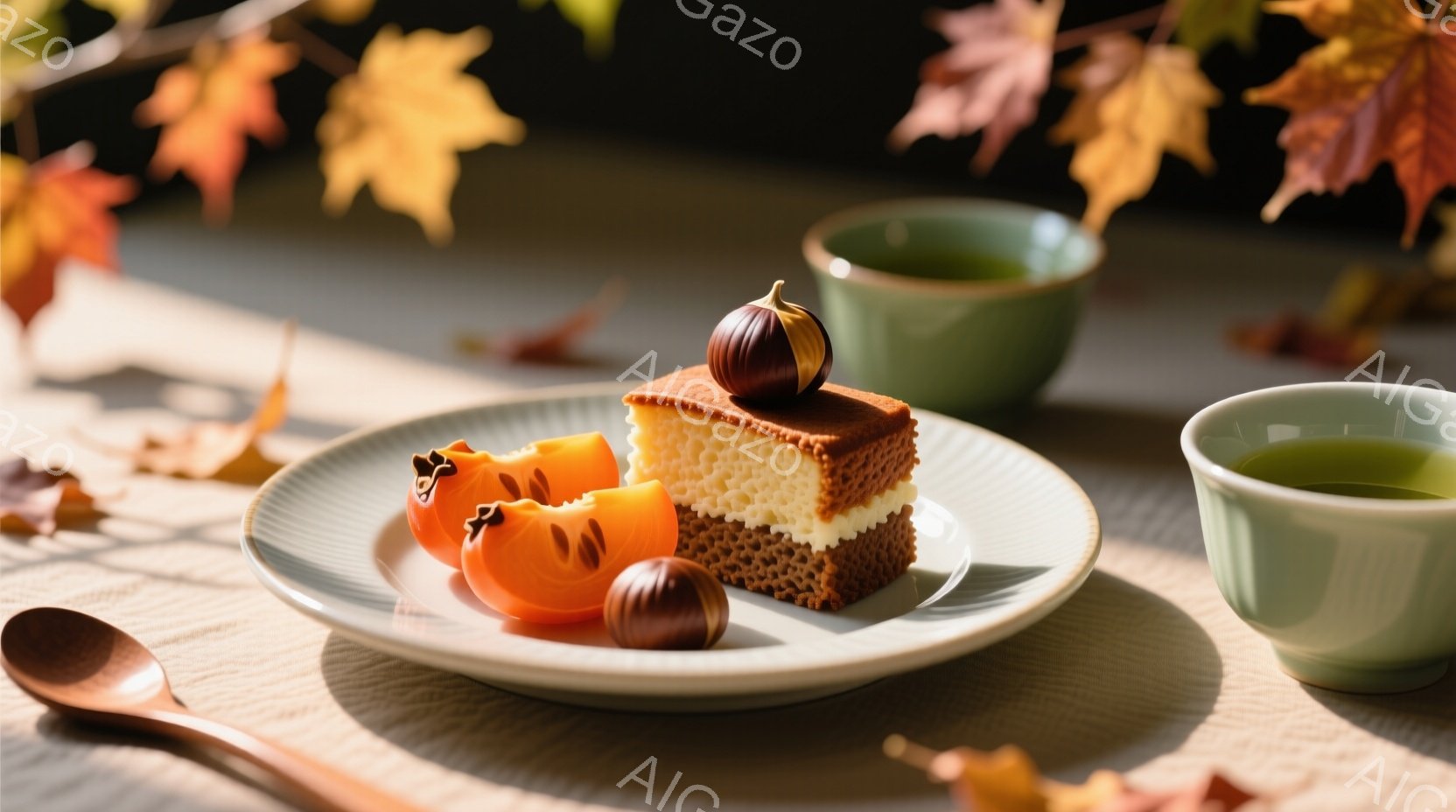 陶器の茶碗と白いお皿の上には、秋を象徴するカボチャと栗が置かれています。お皿の上には、カボチャと栗を模した焼き菓子と、その隣には本物の栗が飾られています。背景には鮮やかな紅葉が散りばめられ、全体的に暖かく落ち着いた秋の雰囲気が漂っています。