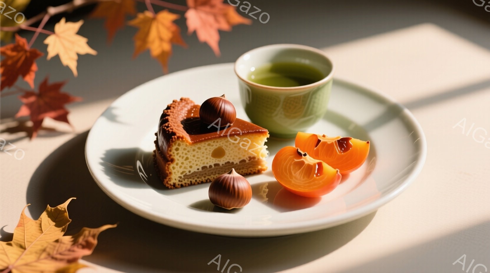 白い皿の上に、切り分けたキャロットケーキ、数個のかぼちゃ、そして緑色の抹茶が盛られた小さなカップが置かれています。背景には秋らしい紅葉の葉がぼんやりと見え、全体的に暖かく穏やかな雰囲気を醸し出しています。光の当たり方は柔らかく、秋の収穫を連想させる静謐な情景です。