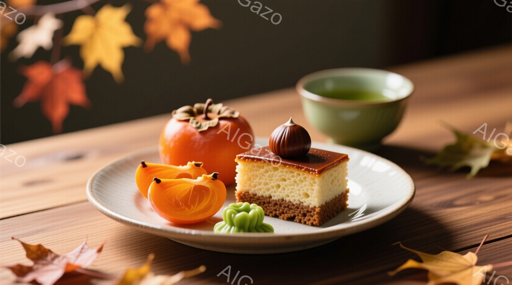 白い皿の上に、柿、みかん、抹茶色の小さな器、そしてカラメル風味のチーズケーキの一切れが美しく盛り付けられています。背景には、紅葉した葉が散りばめられ、秋の落ち着いた雰囲気を醸し出しています。暖色系の照明が、食欲をそそる色合いを強調し、季節の移り変わりを感じさせる穏やかな光景です。