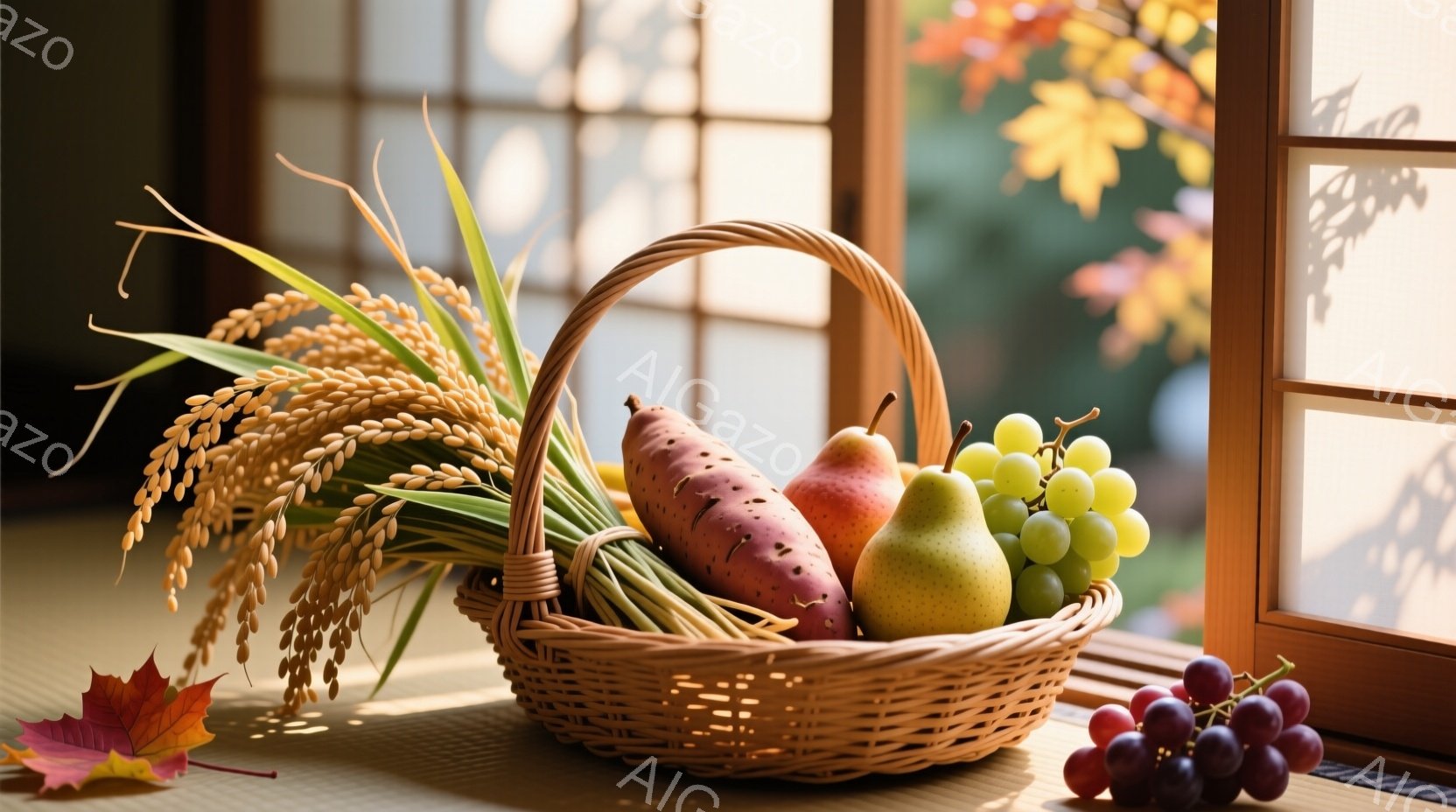 籠の中に稲穂、さつまいも、梨、ぶどうが並べられています。背景には障子と紅葉の見える窓があり、秋の収穫を思わせる温かい光が差し込んでいます。全体的に豊穣と静けさを感じさせる、落ち着いた雰囲気の写真です。