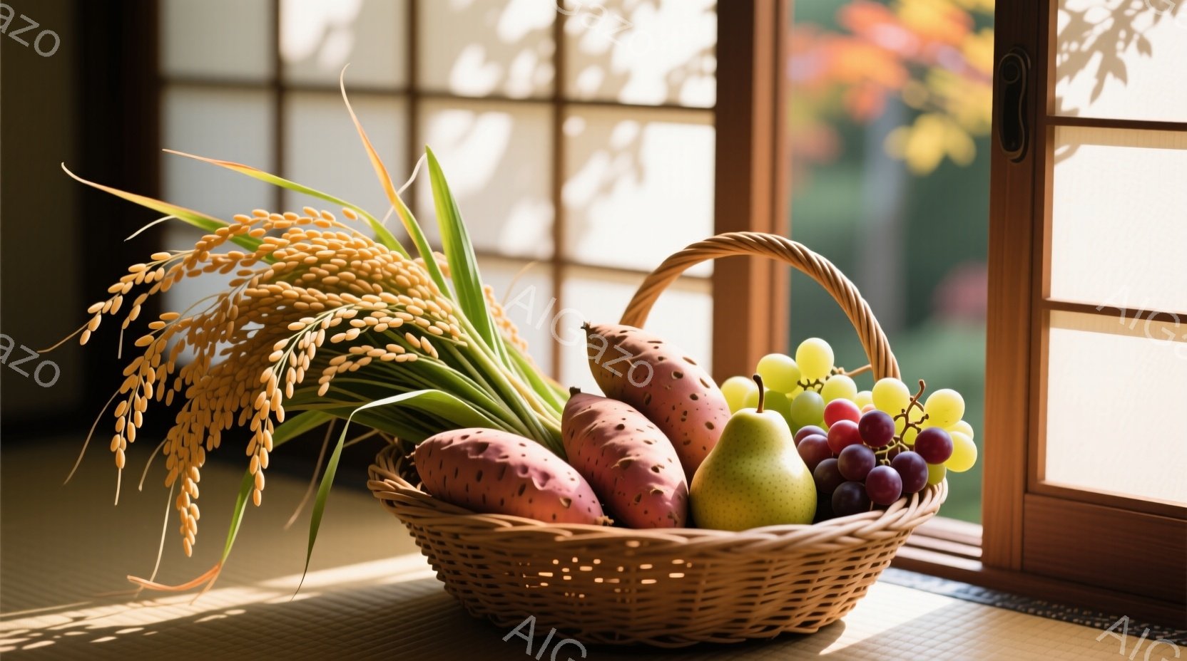 畳の上に、収穫されたばかりの農産物を入れた籠が置かれています。籠の中には、稲穂、さつまいも、梨、そしてぶどうが見え、秋の収穫を祝う様子が伝わってきます。障子から差し込む光が、籠と農産物を照らし出し、温かみのある雰囲気を醸し出しています。