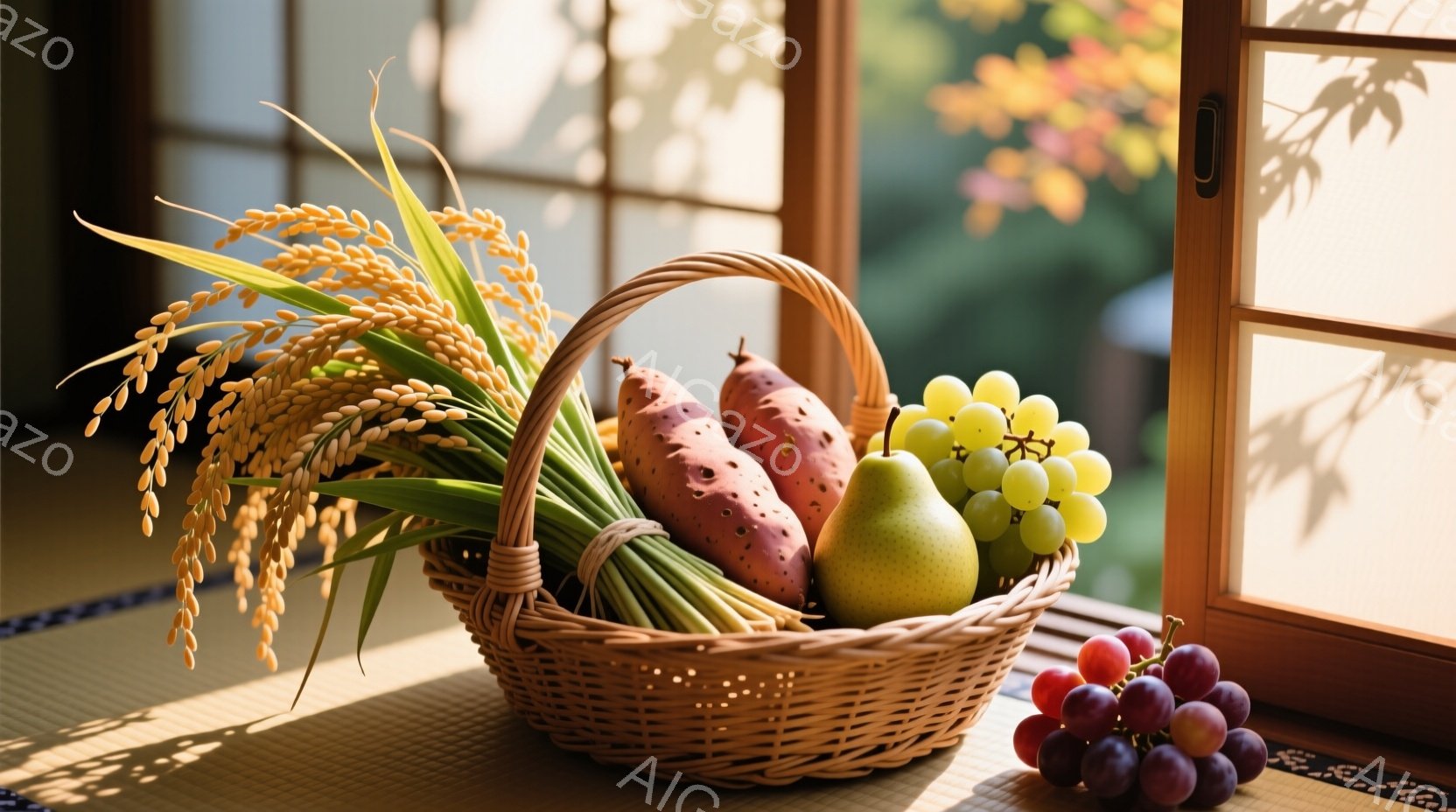 畳の上に置かれた籠の中に、稲穂、さつまいも、梨、ぶどうが収穫の恵みを表現するように詰め込まれています。窓からは光が差し込み、影が畳に落ちて、温かく穏やかな雰囲気を醸し出しています。秋の収穫祭や感謝の気持ちを連想させる、静かで素朴な情景です。