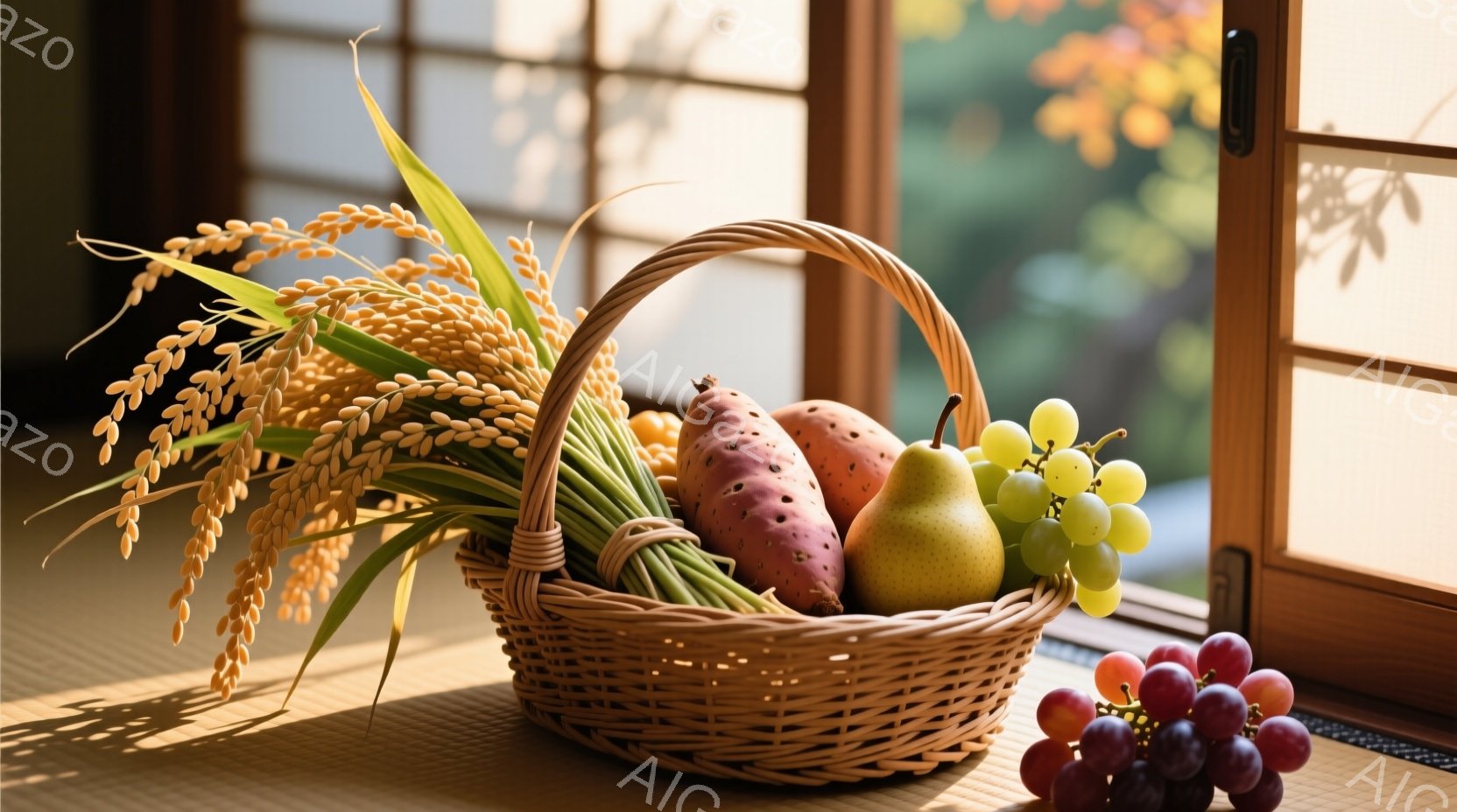 畳の上に置かれた籐の籠の中に、稲穂、さつまいも、梨、ぶどうが収穫の恵みを表すように盛られています。籠の横には、紫色のぶどうがいくつか転がっており、自然光が差し込む障子の背景が穏やかな雰囲気を醸し出しています。全体的に秋の収穫祭を思わせる、豊穣と静けさを感じさせる情景です。