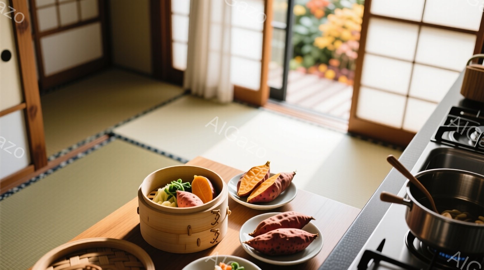 畳の部屋のキッチンカウンターの上に、蒸し器と焼き芋が並べられています。カウンターの奥には窓があり、緑豊かな庭が見え、穏やかで落ち着いた雰囲気を醸し出しています。全体的に、素朴で温かい日本の家庭の風景が感じられます。