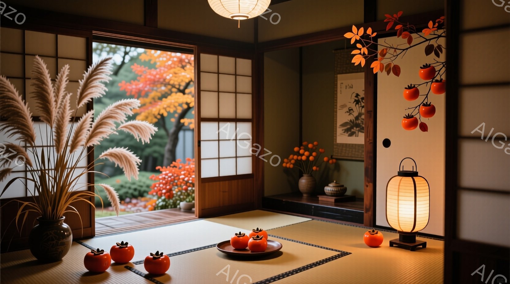 畳敷きの和室には、秋の風景が広がる庭園が見える引き戸があります。部屋の中央には、柿の赤い実が並べられたお盆があり、秋の収穫を祝うような温かい雰囲気が漂っています。壁には柿の絵が飾られ、さらに秋の季節感を高めています。
