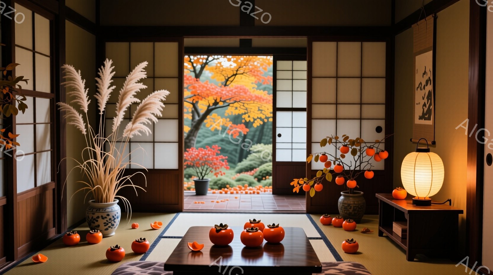 畳の部屋の中央には低い座卓があり、その上と周囲に柿が散りばめられています。奥には庭が見え、鮮やかな紅葉が楽しめます。部屋全体が温かい光に包まれ、秋の落ち着いた雰囲気を醸し出しています。 - AI生成フリー素材