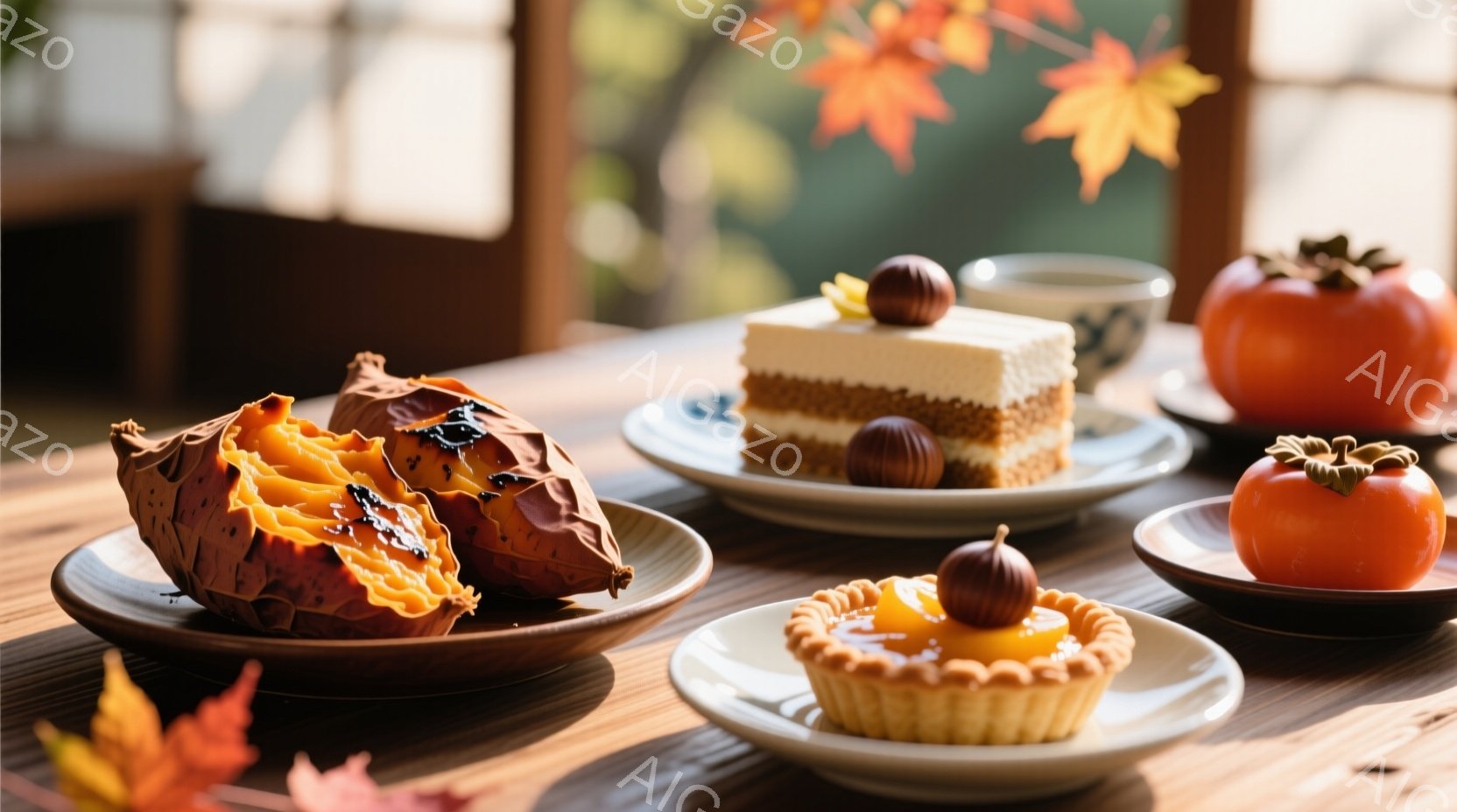 木製のテーブルの上に、焼き芋、小さなケーキ、そして柿が美しく並べられています。背景には、ぼやけた庭園と赤い葉が散りばめられており、秋の穏やかな雰囲気を醸し出しています。全体的に暖かく、素朴な、そして食欲をそそる印象を与えます。