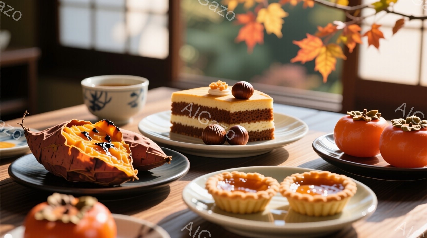 暖炉のそばの木製のテーブルの上に、秋の味覚が並べられています。焼き芋、ケーキ、カボチャのタルト、そして柿が、温かいお茶と共に、秋の落ち着いた雰囲気を醸し出しています。背景には、紅葉した葉が窓から差し込む光に照らされ、穏やかで心地よい秋の情景が広がっています。