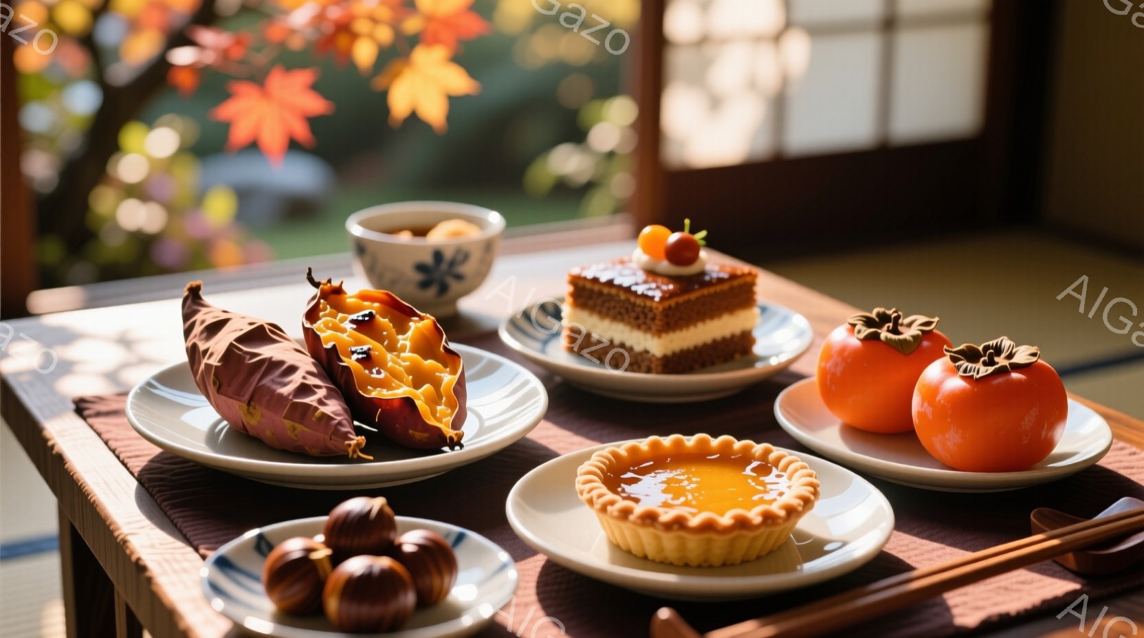 焼き芋、柿、栗、そしてモンブランとカボチャのタルトが、白いお皿に乗って木製のテーブルに並べられています。背景には紅葉が美しい庭が見え、秋の穏やかで温かい雰囲気が漂っています。テーブルの上には箸が置かれ、日本の伝統的な食文化を感じさせます。