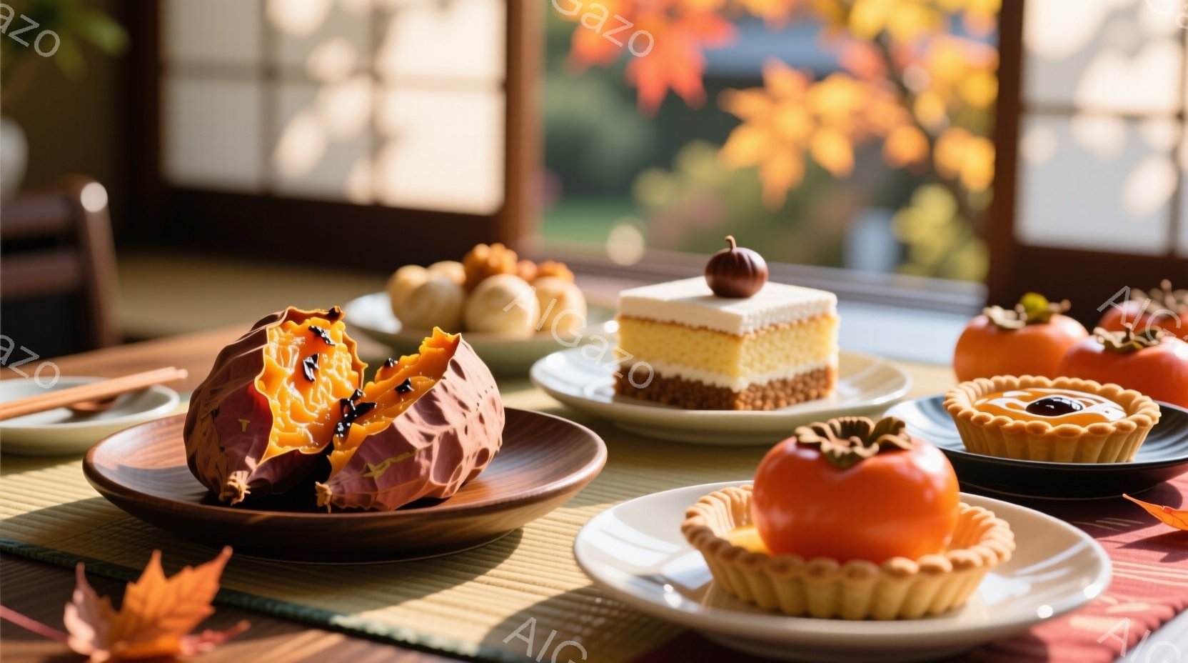 焼き芋、カステラ、柿を使ったタルト、そして小さく丸めたお団子が、和風の敷物の上に並べられています。背景には、紅葉した木々が見える窓があり、秋の温かい雰囲気が漂っています。全体的に、秋の味覚を楽しむ、穏やかで心地よい光景です。