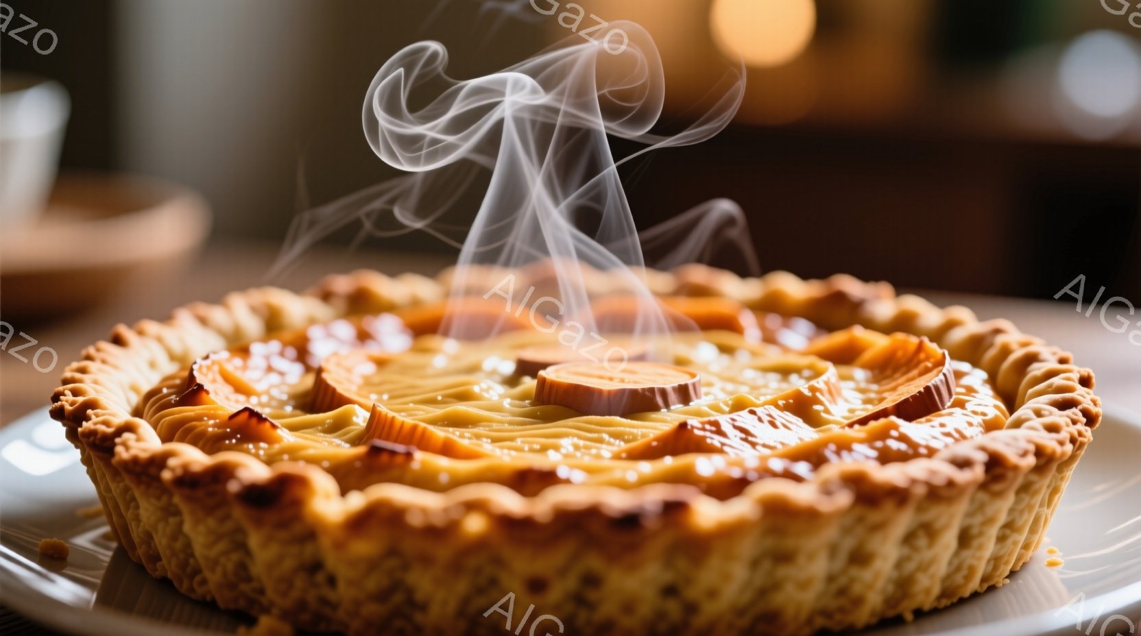 鮮やかなオレンジ色のさつまいもが並べられたタルトは、温かい湯気が立ち上り、焼き立てであることがわかる。タルト生地は黄金色で繊細な模様が施され、美味しさを引き立てている。背景はぼかされており、タルトが主役となっている暖かく食欲をそそる雰囲気である。