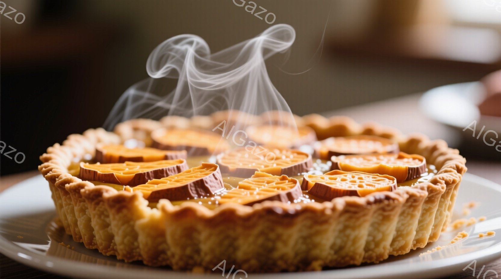 焼き立てのタルトが写っている。サツマイモのスライスが美しく並べられ、湯気が立ち上っている様子から、温かくて甘い香りが伝わってくるようだ。タルトの生地は黄金色でサクサクとしており、美味しそうなデザートである。