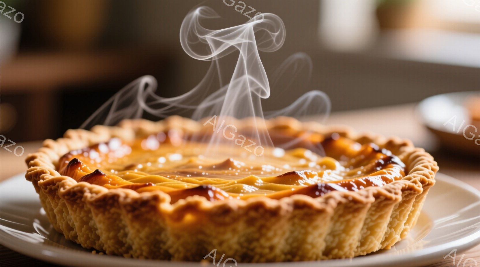 焼き立てのタルトが白い皿に乗せられ、湯気が立ち上っている。タルトは黄金色に輝き、表面にはキャラメリゼされた果実が並んでいる。背景はぼかされており、木製のテーブルと一部の別の焼き菓子が見える、暖かく食欲をそそる雰囲気だ。