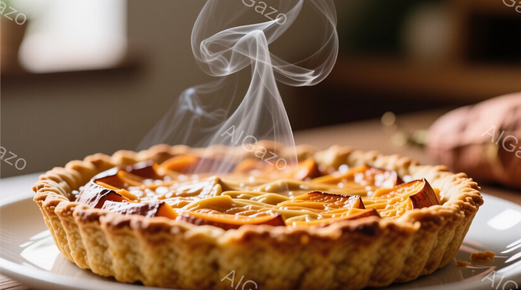 焼き立てのサツマイモのタルトが皿の上にあり、湯気が立ち上っている。タルトの縁はカリッとしており、中には甘く照り輝くサツマイモが隙間なく並んでいる。背景にはぼやけた茶色の物体が見え、温かく、家庭的な雰囲気を醸し出している。