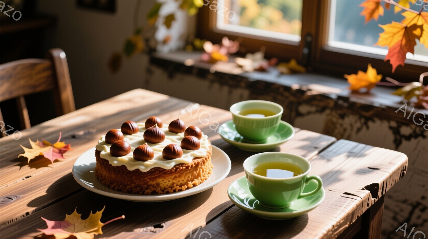 暖炉のそばの木製のテーブルの上には、ヘーゼルナッツが飾られたケーキと緑色のティーカップが置かれています。テーブルには紅葉の葉が散らばっており、窓の外には秋の風景が見えます。全体的に暖かく、穏やかな秋の午後の雰囲気が漂っています。