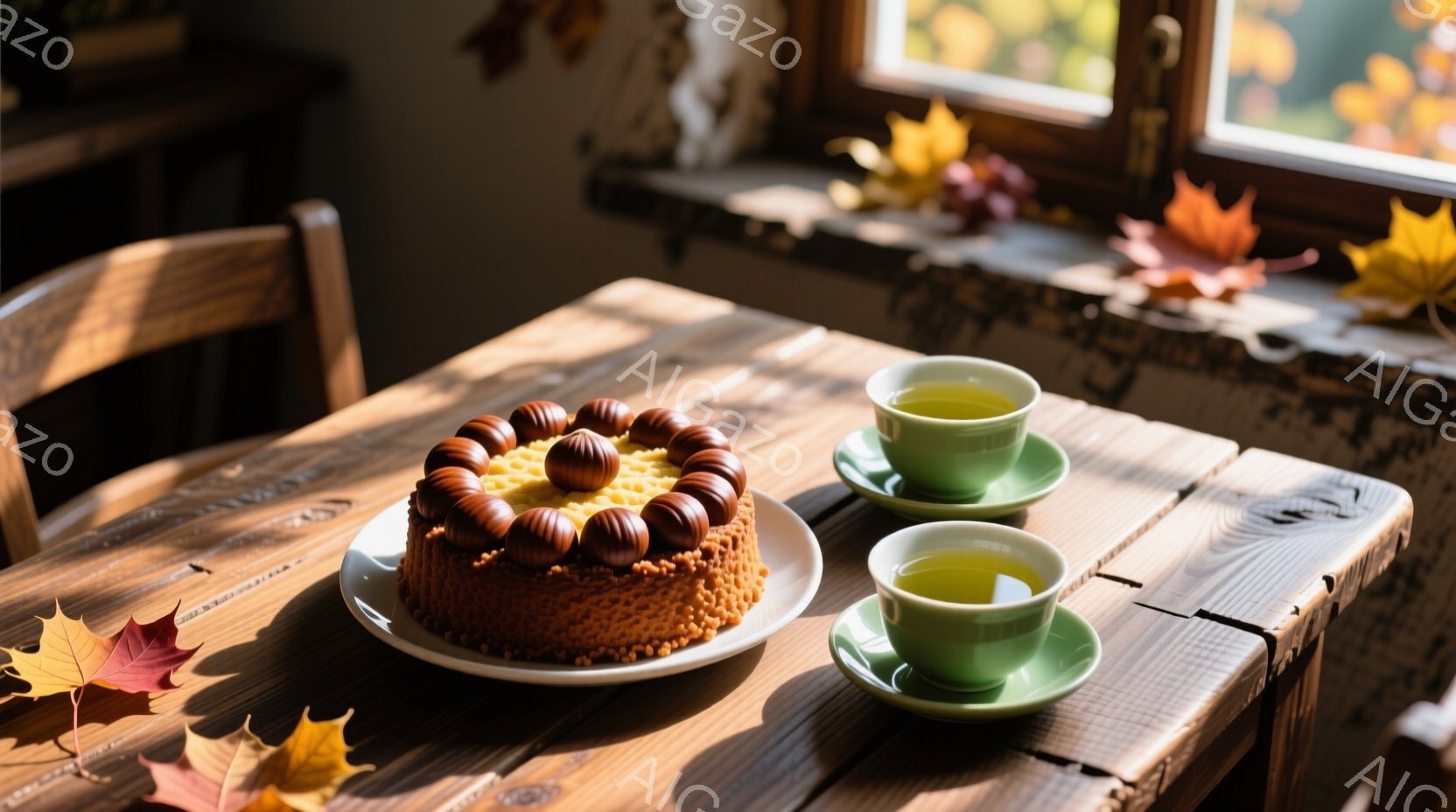 温かい光が差し込む木のテーブルの上に、カラメル色のケーキと緑色のティーカップが置かれています。ケーキは丸いチョコレートで飾られ、ティーカップには緑茶が入っています。背景には窓があり、落ち葉が散らばっていて、秋の穏やかで心地よい雰囲気を醸し出しています。
