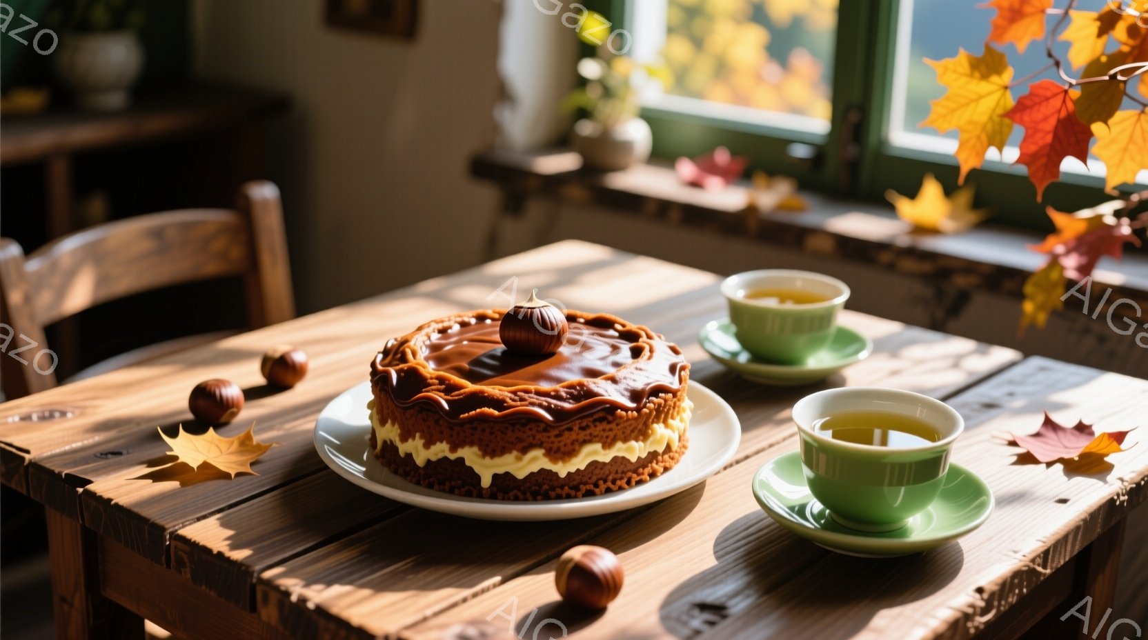 暖炉のそばの木製のテーブルの上に、ヘーゼルナッツのケーキが置かれています。緑色のティーカップとソーサーがケーキの横にあり、テーブル全体に散りばめられた紅葉の葉が秋の雰囲気を醸し出しています。温かい光が - AI生成フリー素材